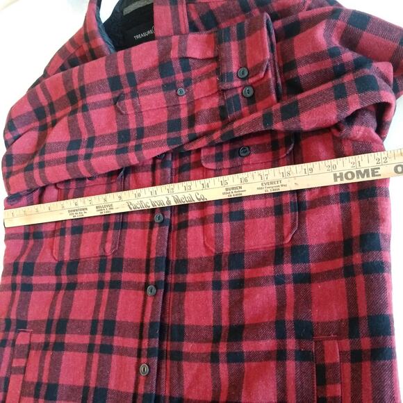 Treasure Bond L Plaid Faux Sherpa Lined Flannel Shacket Jacket Coat Wool Blend - Picture 11 of 12